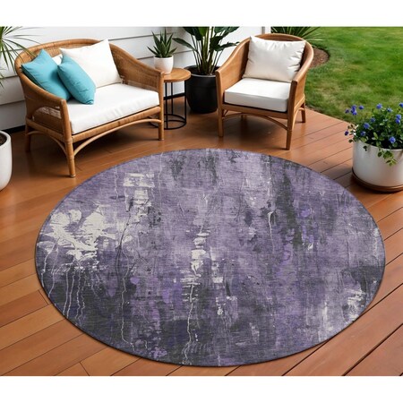 Homeroots 8' Purple And Ivory Round Abstract Washable Indoor Outdoor Area Rug 617658