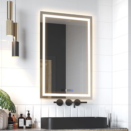 Fab Glass And Mirror Dimmable Lighted Bathroom Wall Vanity with Anti-Fog and Adjustable Colors Rectangular Frameless HC18X40
