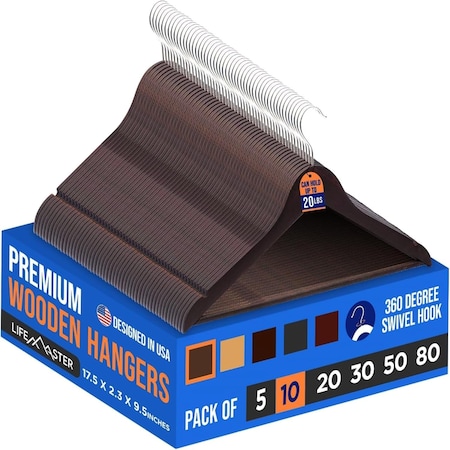 Lifemaster Wooden Hangers, Swivel Hook, Non-Slip, Pants Bar, Holds 10 lbs, Vintage, 10PK LMWD10VTG