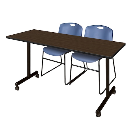 Regency Kobe Mobile T-Base Training Table W/ 2 Zeng Stack Chairs, 66 in W, 24 in L, Neo Walnut MKTRCC6624NW44BE