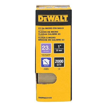 Dewalt Pin Nails, 1 in L, 23 ga, Galvanized, Headless Head, 0  Degrees, 2000 PK DWPN23100
