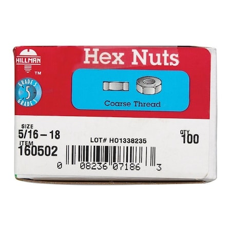 Hillman 5/16 in. Zinc-Plated Steel USS Hex Nut, 100PK 160502