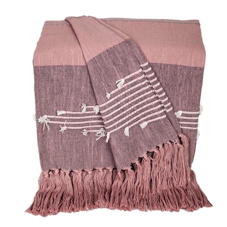 Homeroots 50" X 60" Pink Woven Cotton Striped Throw Blanket with Tassels and Embroidery 548936