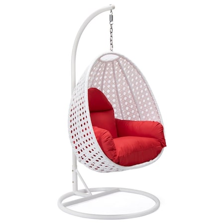 Leisuremod White Wicker Hanging Egg Swing Chair with Red Cushions ESCW-40R