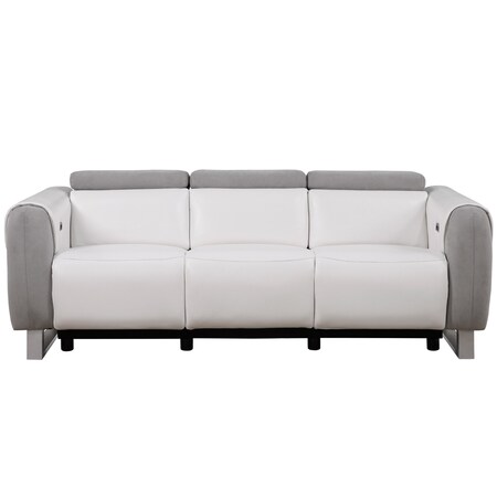 Homeroots 88" Gray and White Polyester Blend Reclining USB Sofa And Toss Pillow With Gray Legs 559216