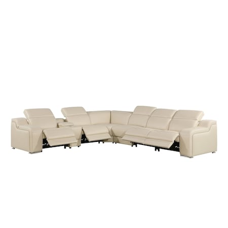 Homeroots Beige Italian Leather Power Reclining Curved Seven Piece Corner Sectional With Console 544978
