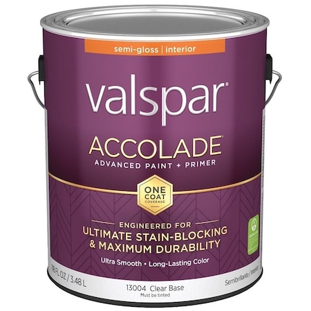 Valspar Accolade 1300 Latex Paint, Acrylic Base, Semi-Gloss, Clear Base, 1 gal, Plastic Can 028.0013004.007