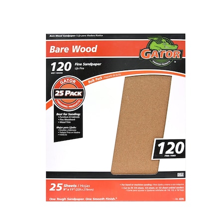 Gator Finishing 9 x 11 in. Bare Wood Sandpaper, 120 Grit, Fine, 25PK 4226