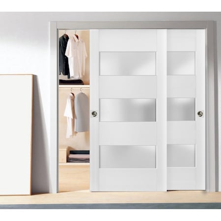 Sartodoors Sliding Closet 3 Lites Bypass Doors, Lucia 4070 White Silk with Frosted Glass, Sturdy Rails Molding LUCIA4070DBD-WS-36
