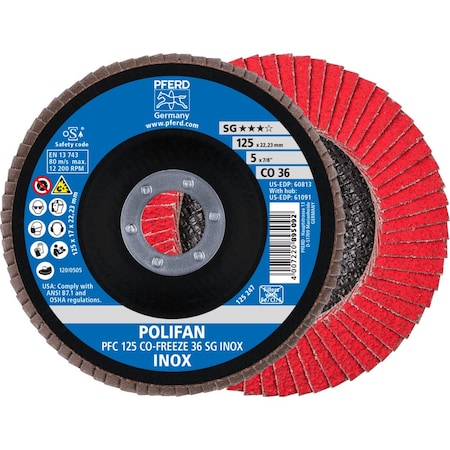 Pferd 5'' x 7/8'' A.H. POLIFAN Flap Disc - CO-FREEZE SG INOX, Ceramic oxide, 36 Grit, Conical 60813