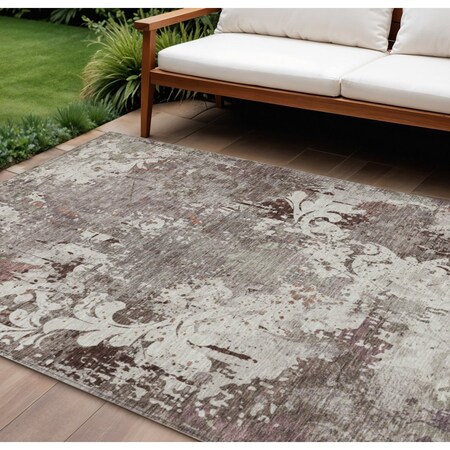Homeroots 9' X 12' Taupe Ivory And Brown Damask Washable Indoor Outdoor Area Rug 596403