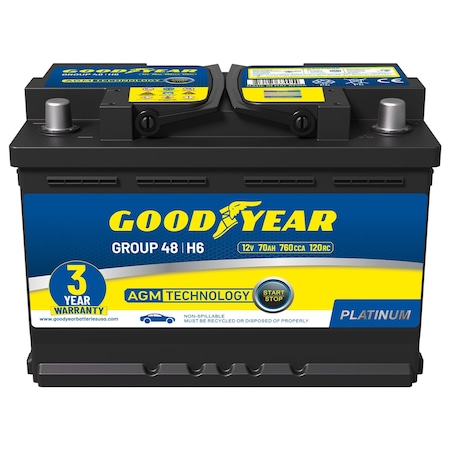 Goodyear 48-H6-AGM BCI Group Size 48 12V 70 AH 120RC, 760 CCA Platinum series AGM Automotive Battery GY4140749