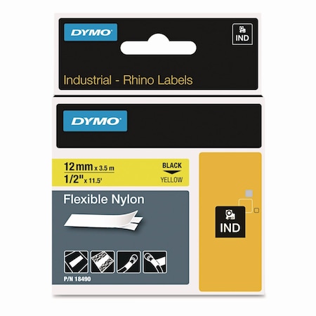 Dymo Rhino Flexible Nylon Industrial Label Tape, 0.5" x 11.5 ft, Yellow/Black Print 18490