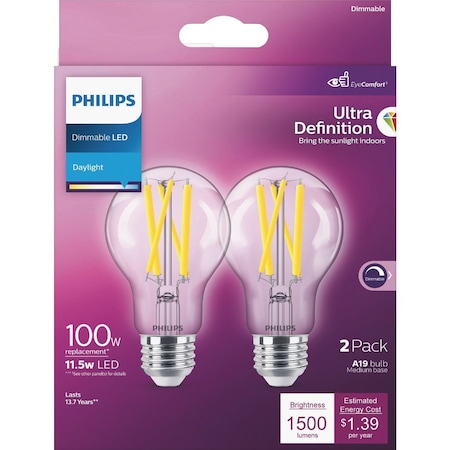 Signify Ultra Definition 100W Equivalent Daylight A19 Medium Dimmable LED Light Bulb Clear, 2PK 587030