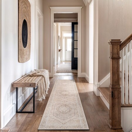 World Rug Gallery Beige Medallion Flat Pile Washable Rug, Pet Friendly, Non-Slip, 2ft 6in x 8ft Runner WR170BEIGE26X8