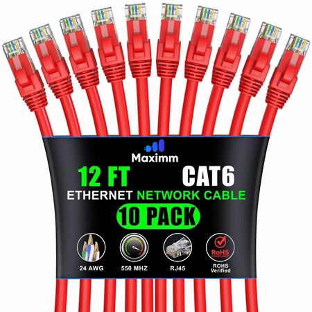 Maximm Cat6 Ethernet Cable 12ft 10Gbps 550MHz UTP, 10PK, Red, 10PK CAT6CCA-12RD-10PK