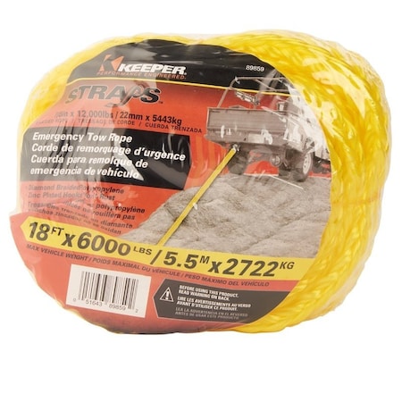 Keeper Tow Rope, 7/8 in Dia, 18 ft L, Slip Hook End, 6000 lb Working Load, Polypropylene 89859