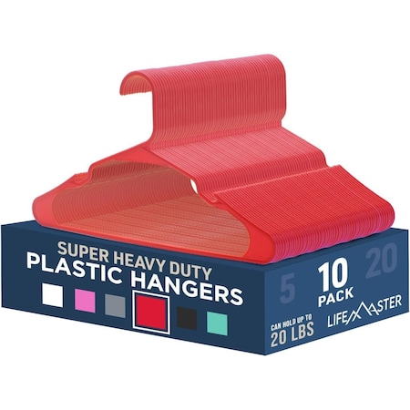 Lifemaster Heavy-Duty Plastic Hangers, Non-Slip, Space-Saving, Holds 5 lbs, Red, 10PK LMPLCRED10