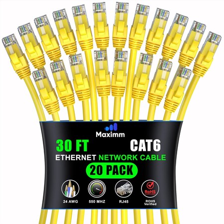 Maximm Cat6 Ethernet Cable 30ft 10Gbps 550MHz UTP, 20PK, Yellow, 20PK CAT6CCA-30YL20PK