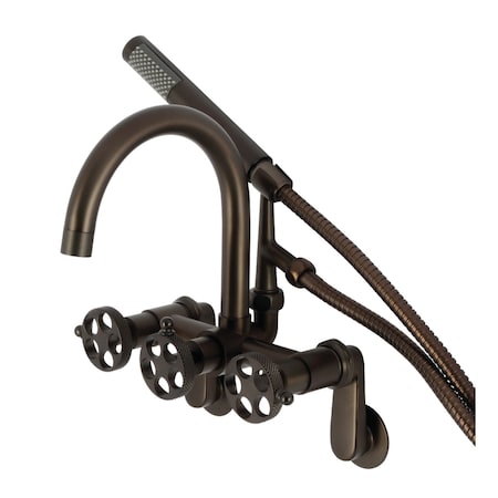 Kingston Brass Three-Handle 2-Hole Adjustable Wall Mount Clawfoot Tub Faucet with Knurled Handle and Hand Shower AE8155RKX