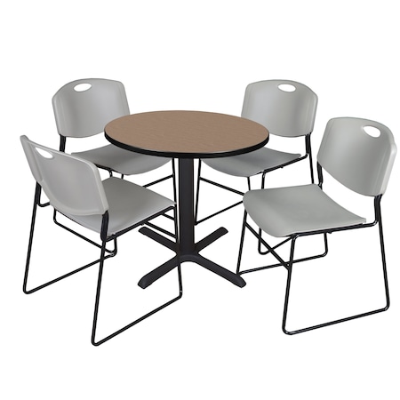 Regency Round Cain Breakroom Table W/ 4 Zeng Stack Chairs, 30 in W, 30 in L, Noble Oak TB30RNDNO44GY