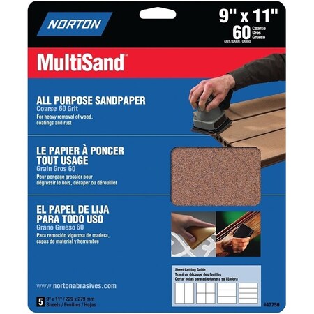 Norton Co MultiSand 076607 Sanding Sheet, 11 in L, 9 in W, Coarse, 60 Grit, Aluminum Oxide Abrasive 47750