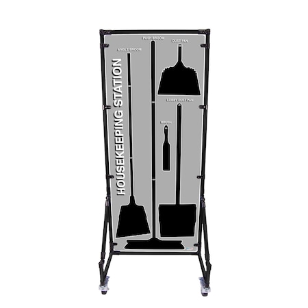 5S Supplies 5S Housekeeping Shadow Board Broom Station Version 1 - Gray Board / Black Shadows With Broom HSB-V1-GRAY/BLACK-KIT
