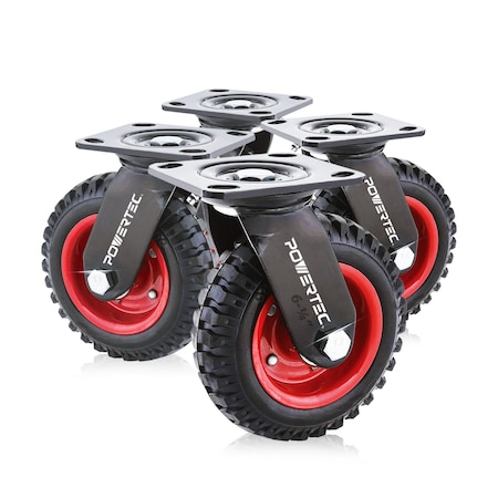 Powertec 6'' Caster Wheels Set of 4, Heavy Duty Swivel Plate Casters with Rubber Knobby Tread, 4PK 17050-P4N
