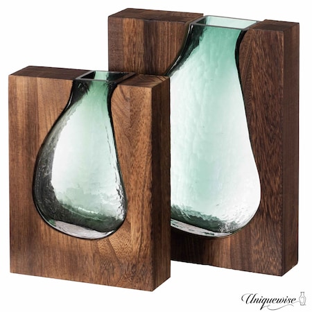 Uniquewise Pair of 10 and 12-Inch Wood and Glass Inlay Vases - Merging the Natural Warmth and Texture of QI004737.2
