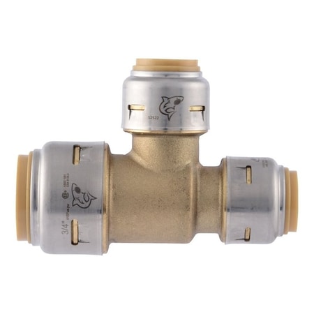 Sharkbite Max Reducing Tee, 3/4 x 1/2 x 1/2 in, PTC x PTC x PTC, Brass, 250 psi Pressure UR454A