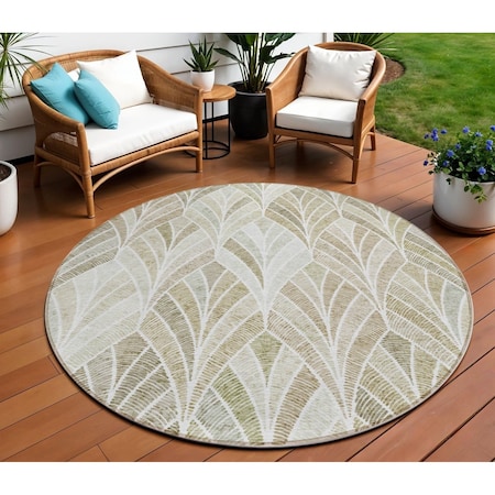 Homeroots 8' Khaki Tan And Beige Round Geometric Washable Indoor Outdoor Area Rug 589232