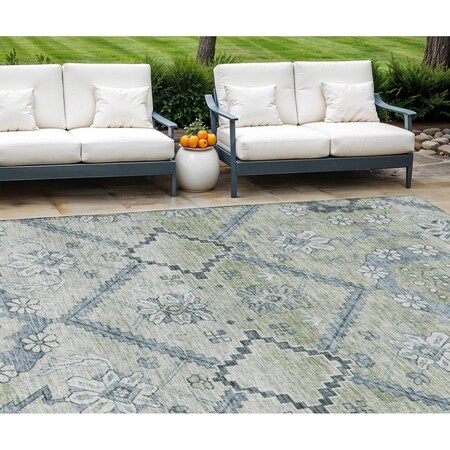Homeroots 9' X 12' Artichoke Green Denim Blue And Silver Floral Washable Indoor Outdoor Area Rug 588856