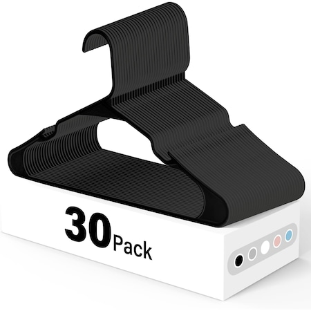 Simple Deluxe Lightweight Plastic Hangers, Space Saving Clothes Hangers with Non-Slip Shoulder Notches, Black, 30PK HIHANGPLASTB01X30