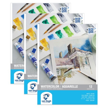 Van Gogh Watercolor Paper Pad, 140lbs, Cold Press, 9'' x 12'', 12 Sheets, 3PK 94178005