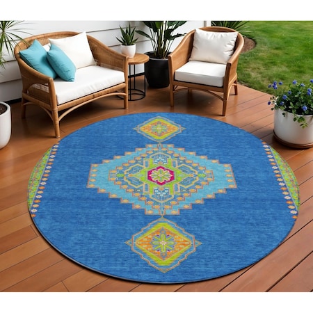 Homeroots 8' Denim Blue Red And Green Round Oriental Washable Indoor Outdoor Area Rug 598402