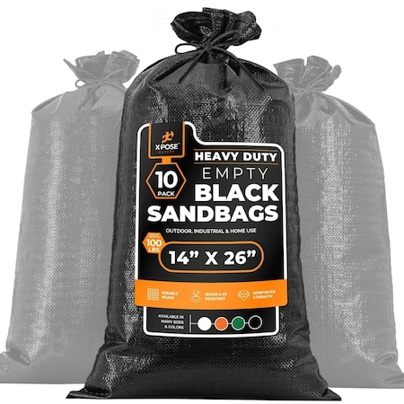 Xpose Safety Woven Black Polypropylene Sandbags, 14x26 in, 100 lb Capacity, Reusable Flood Protection, 10PK SBB-HVY-1426-10-X