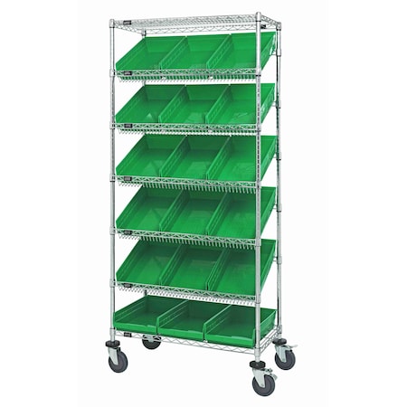 Quantum Storage Systems WIRE SHELVING UNIT W/18 GREEN BINS MOBILE MWRS-7-110GN