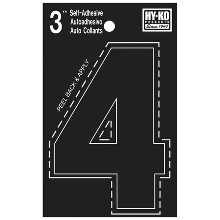 Hy-Ko 30400 Series Die-Cut Number, Character: 4, 3 in H Character, Black Character, Vinyl 30404