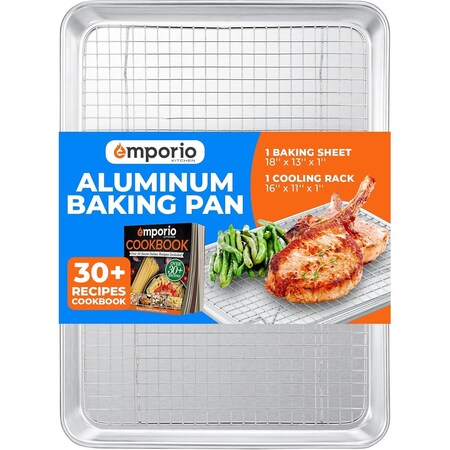 Emporio Kitchen Baking Pan Set, 13in. x 18in. Aluminum Baking Pan with Stainless Steel Cooling Rack Set EMPKSST13