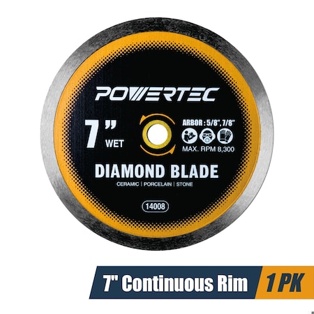 Powertec 7in Continuous Rim Diamond Saw Blade for Wet Tile Saw, Diamond Blade for Cutting - 1PK 14008