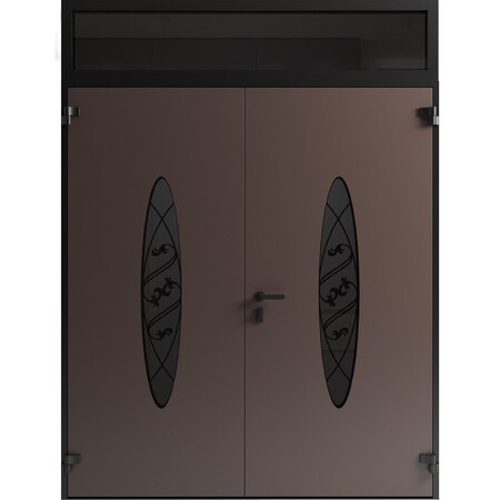 Vdomdoors Front Exterior Prehung Aluminum Double Doors Ronex1277 Brown Top Transom Mirrored Clear Glass Top RONEX1277DEXD-BRW-W72xH80+14-RH-O