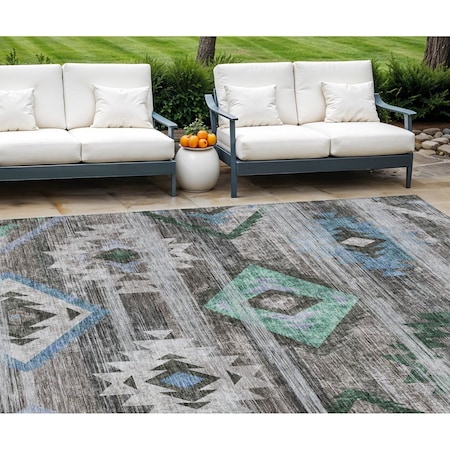 Homeroots 8' X 10' Brown Beige And Blue Southwestern Washable Indoor Outdoor Area Rug 588675