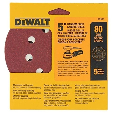 Dewalt 5in. 8 Hole 80G H&L Rand Orbital Sandpaper, 5PK DW4301