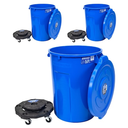 Magnum Tool Blue 44 Gallon Trash Can Set, Trash Can, Quiet Dolly, and Reinforced Lid, 3 Set CMTC-CLD0-44B03