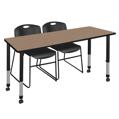 Regency Kee Mobile Adjustable Classroom Table W/ 2 Zeng Stack Chairs, 66 in W, 24 in L, Noble Oak MT6624NOAPCBK44BK