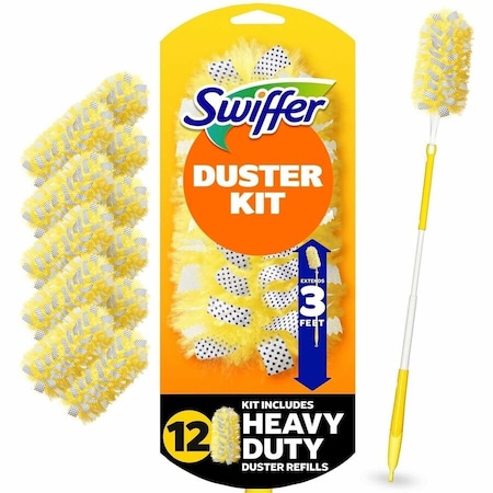 Swiffer Heavy Duty Duster Starter Kit, 3 ft, 1 Handle with 12 Duster Refills 77300