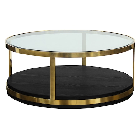 Homeroots 44" Black And Gold Glass And Metal Round Coffee Table With Shelf 520595