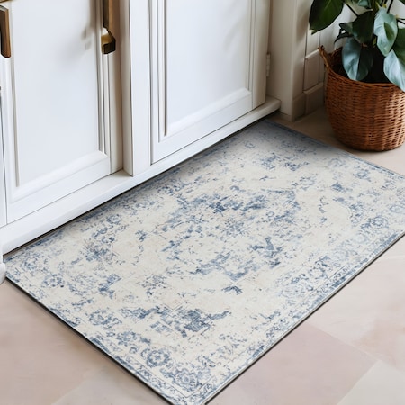 World Rug Gallery Traditional Vintage Distressed Washable Non Slip Area Rug 2 ft x 3 ft Blue WR77BLUE2X3