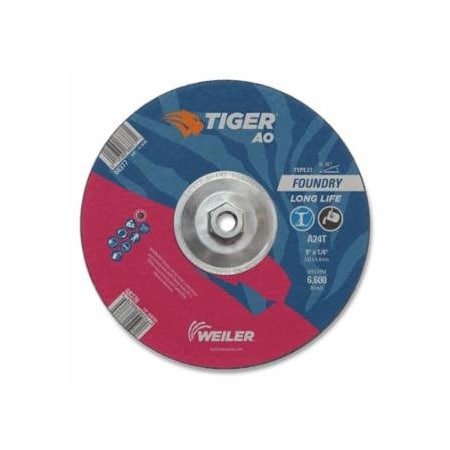 Weiler Tiger Grinding Wheel, 9 in dia x 1/4 in Thick x 5/8 in-11 Arbor, 24 Grit, Aluminum Oxide, Type, 10PK 804-68377