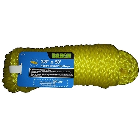 Baron Rope, 3/8 in Dia, 50 ft L, 200 lb Working Load, Polypropylene, Yellow 51216
